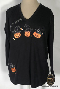 TIA Halloween Pumpkin Witch Top Womens M Black Knit Long Sleeve Beaded Glitter