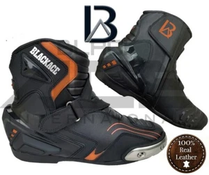 MENS BLACK LEATHER MOTORBIKE MOTORCYCLE RACING BOOTS SPORTS SHORT SUMMER SHOES - Picture 1 of 4