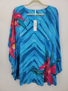 Passports Kimono Caftan Womens XL Blue Hawaiian Floral Tropical Artsy Cape - Picture 1 of 7