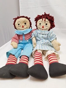 Coppia di bambole vintage 22" fatte in casa Raggedy Ann & Andy facce ricamate c1950s - Foto 1 di 6