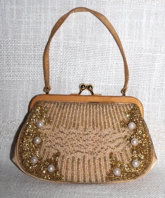 Hermoso bolso bandolera y mano de noche vintage Kate Landry dorado satinado con cuentas Foto 1 de 4