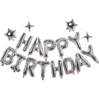 Banner de feliz cumpleaños plateado globo lámina letra 16 pulgadas con fiesta de estrellas de 10 pulgadas Foto 1 de 4