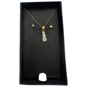 Simple Elegant Goldtone White Rhinestone Pendant NECKLACE & EARRINGS Set - Picture 1 of 2