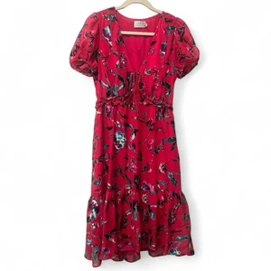 Vestido Tanya Taylor Mezcla Seda Floral Rosa Tonos Joya Midi Volantes Talla 8 - Imagen 1 de 9