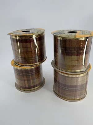 NEW! 2 x Wire-Edged Ribbon Gold Red Plaid Fall Colors Crafters Square 2.5 x 108 - Image 1 of 4