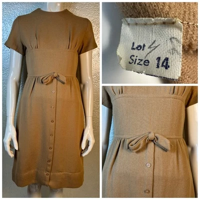 Винтажный 1960-х годов женщины коричневый/желтовато-коричневый шерсти платье с коротким рукавом бант MOD секретарь SM - Изображение 1 из 4