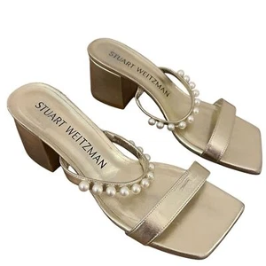 Stuart Weitzman Goldie 60 Block Slide Gold Heel Sandals Pearl Detail $495 US 9 - Picture 1 of 9