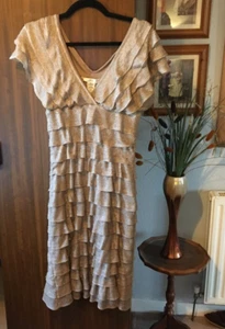 STUDIO M GOLD COLOURED SLEEVELESS FRILLY RUFFLE DRESS-MEDIUM SIZE (UK 10-12) - Picture 1 of 24