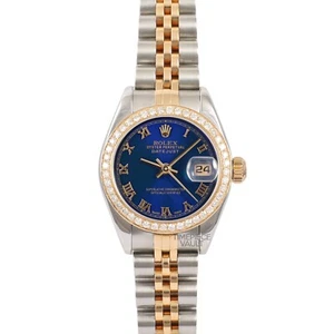 ROLEX LADY DATEJUST 79173 GOLD STEEL 26MM BLUE ROMAN DIAL 18K DIAMOND BEZEL-B&P - Picture 1 of 8