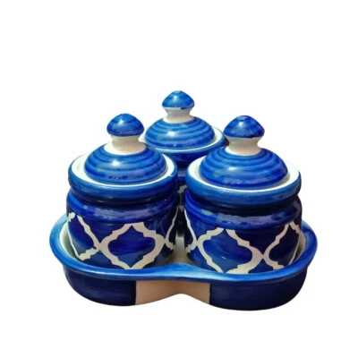 Handcrafted Indian Ceramic Condiment 3 Jars with Lid food storage containers - Image 1 of 4