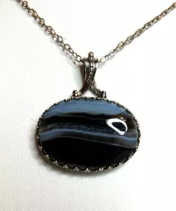 Sardonix Negro Natural, Colgante Horizontal Hecho a Mano Plata de Ley, Cadena Gratis - Imagen 1 de 4