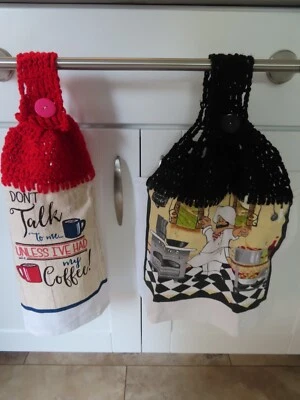 2 Kitchen Hand Towels Crochet Tops Red & Black  Handmade - Image 1 of 4