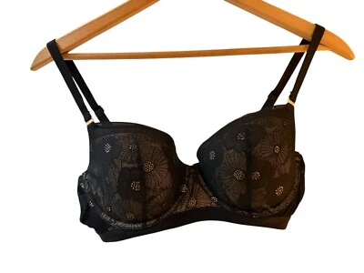 Aerie 8195 Black Lace Real Power Underwire Balconette Floral Bra Sz 36D Support - Image 1 of 4