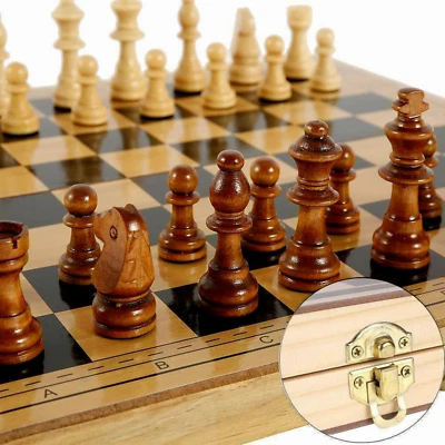 Large Chess Wooden Set Folding Chessboard  Piece Wood Board Family Xmas Home Toy - Image 1 of 4