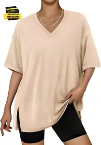 Oversized Tshirts for Women Workout plus Size Tops V Neck Short Sleeve Gym Shirt - Picture 1 of 5