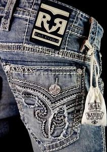 $220 Mens Rock Revival Jeans "James" Leather Inserts Faux Straight 38 X 33 - Picture 1 of 11
