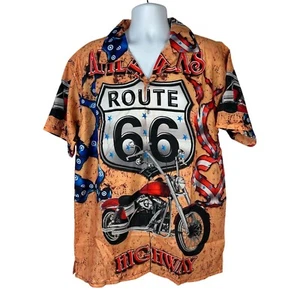 Route 66 Motorcycle Graphic Hawaiian Shirt L Hawaiian Apparel Polyester - Picture 1 of 8
