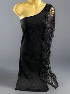 bebe Kleid Medium Large schwarz gold glitzernd One Shoulder Stretch Made in USA - Bild 1 von 15
