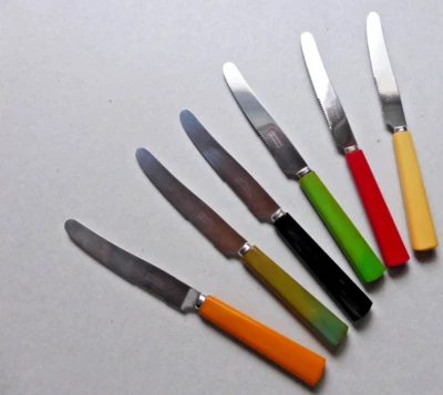 Obstmesser,  bunter Plastikgriff, 6 Stück, 50er/60er - Bild 1 von 3