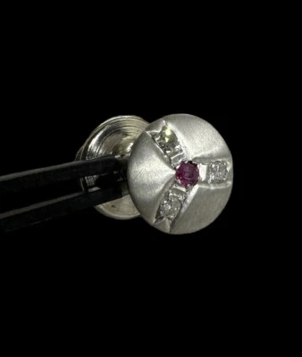 14K White Gold Ruby & Diamond Tie Tack Lapel Pin - Round Matte Texture Propeller - Image 1 of 4