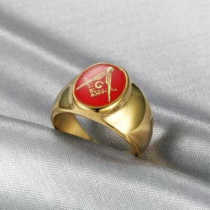 Retro Masonic Signet Ring Men's Stainless Steel Red Enamel Freemason Symbol Ring - Picture 1 of 5