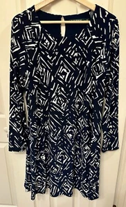 LAUREN RALPH LAUREN Navy Blue White Geometric Size 12 Long Sleeved Lined Dress - Picture 1 of 9