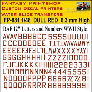 RAF 12" LETRAS NÚMEROS TOBOGÁN ACUÁTICO TRANSFERENCIAS MODELO KITS CALCOMANÍAS FP-881 ROJO 1/48 - Imagen 1 de 13