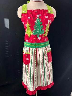 Pier 1 Delantal Babero Navidad Adulto Halter Volantes Bordados Árboles Algodón Bolsillos Foto 1 de 4