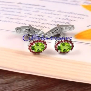Natural Peridot & Ruby Gemstones with 925 Sterling Silver Cufflinks For Men's #7 - Picture 1 of 7