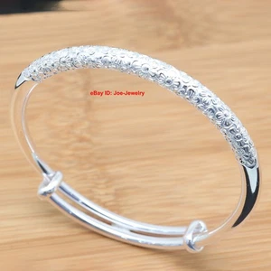 Adjustable Bangle Solid 999 Fine Silver Bangle 56-59mm Dia Half Flower Surface - Picture 1 of 8