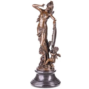 Bronze Skulptur Fee mit Amor nach H. Moreau – Klassische Figur auf Marmorsockel - Bild 1 von 4