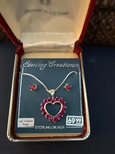 Sterling Creations Ruby Heart Shaped 18" Necklace & Stud Earrings - NIB - Picture 1 of 6