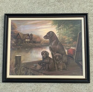 Ruane Manning Tranquil Beauty Chocolate Labs Framed Canvas Fishing Cabin 33x26 - Picture 1 of 7