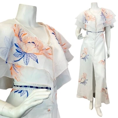 VESTIDO MAXI BOHO VINTAGE AÑOS 60 70 BLANCO AZUL NARANJA FLORAL BORDADO HOJAS 12 Foto 1 de 4