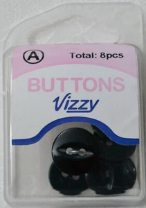 Hemline / Vizzy Buttons Fish Eye 2 Hole 14mm, Pack of 8, BLACK - Picture 1 of 2