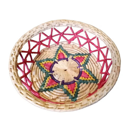 Vtg Woven Straw Colorful Star Bread Basket Bowl Open Sides Pink Green 12"x3.5" Cover