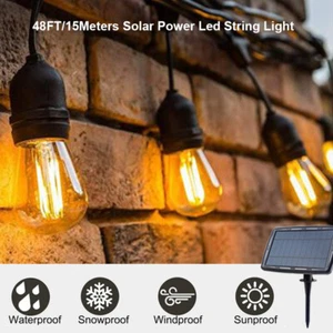 48FT Solar String Lights Outdoor Shatterproof Vintage Edison Bulbs 4 Light Modes - Picture 1 of 12