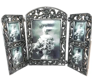 Vintage Ornate Picture Frame Silver Tone Metal 3 Way Fold 5 Photo Pewter w/Roses - Picture 1 of 5