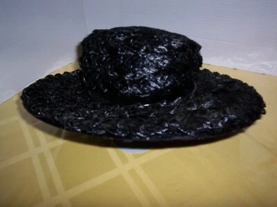 Vintage Black Woven Straw Wide Brim Hat, EX, 60's- USA - Image 1 of 4