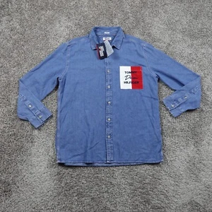 Vintage Tommy Hilfiger Denim Shirt Mens Large Metal Button Metal Button 90s Logo - Picture 1 of 8