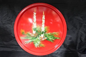 Vitage Metal Tin Christmas Round Serving Snack Tray White Candles Pine red - Picture 1 of 4