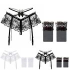 Seductive White Lace Suspender Belt with Thongs and Stockings Women's Lingerie