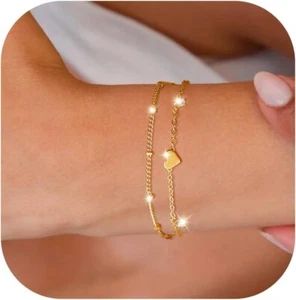Gold Bracelets for Women Girls Dainty Set Trendy 14K Real Gold With Heart, Gifts - Picture 1 of 6