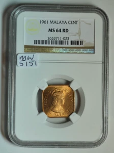 mw5151 Malaya; Bronze Cent 1961  NGC MS64 RD KM#5 - Picture 1 of 3