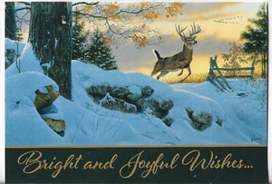 NEW LEANIN' TREE Christmas Card 4.75x6.75 Magnificent Deer Leaping w/Gold Accent - Picture 1 of 3