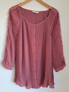 Next Pleated Chiffon Blouse Top UK 10 Dusky Pink Long Sleeve Lace Strip Floaty - Picture 1 of 16