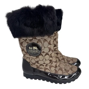 Coach Damengröße 10B Stiefel "Joyous" Signatur Jacquard braun Kaninchenfell Reißverschluss - Bild 1 von 14