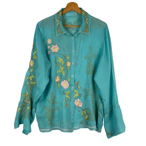 Camicia Johnny Was ricamata manica lunga bottoni taglia L trasparente boho cottage romantica - Foto 1 di 17