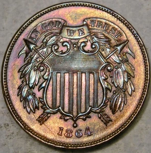 1864 TWO CENT PIECE BEAUTIFUL TONING CRISP SHARP MOTTO SHIELD & WREATH—REV DAMGE - Picture 1 of 2