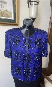 VTG STENAY NWT BLUE PURPLE Silk Sequin Beaded Womens Jacket Top Blouse Sz S - Picture 1 of 9